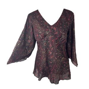 Cato Babydoll Red Floral Top Size L Y2K 90s Fairy Whimsigoth Grunge Metallic